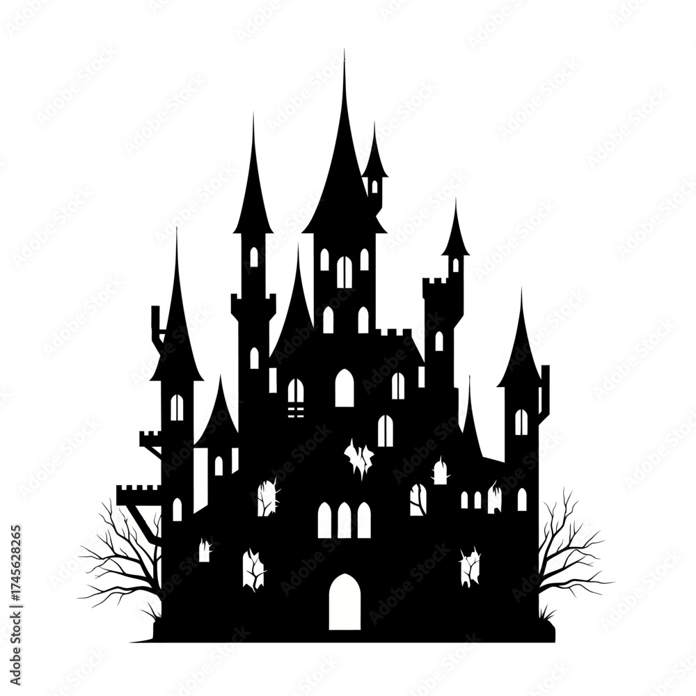 Fototapeta premium Silhouette of a gothic castle with multiple towers, windows, and bare trees, perfect for Halloween.