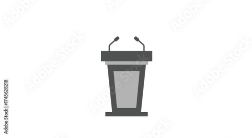 Illustration of a podium with two microphones on a white background.