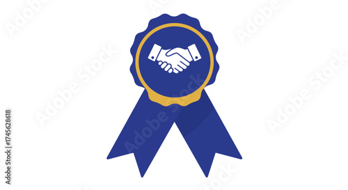 Blue ribbon with handshake icon in the center, symbolizing partnership and achievement.