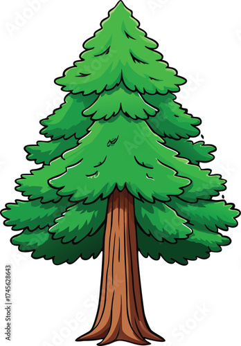 A vibrant cartoon illustration of a tall evergreen conifer tree with a textured brown trunk