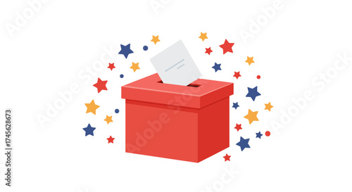 Red ballot box with a vote being cast, surrounded by stars.
