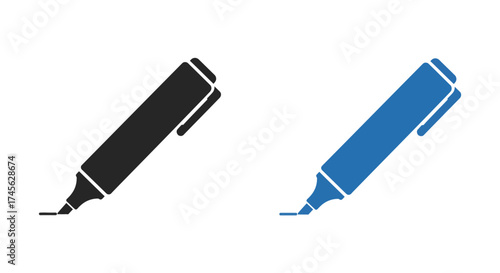 Illustration of two markers, one black and one blue, with caps on, angled to the right.