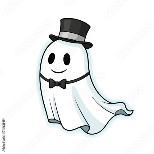 A friendly cartoon ghost wearing a top hat and a bow tie, smiling cheerfully.