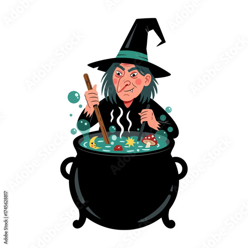 A cartoon witch with a pointy hat stirring a bubbling green potion in a large black cauldron.