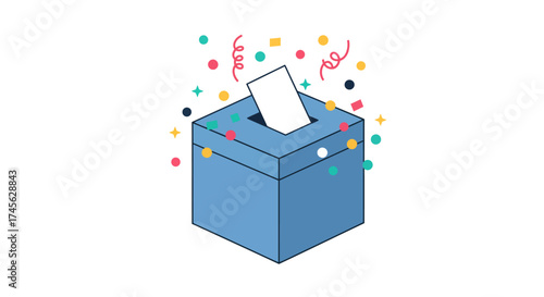 Illustration of a ballot box with a ballot being inserted, surrounded by confetti.