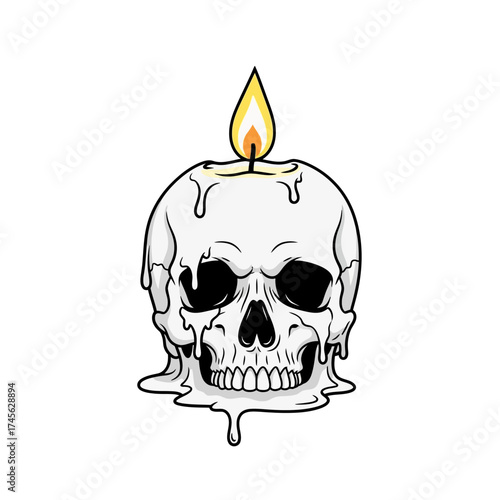 A stylized illustration of a human skull melting like a candle with a single burning flame on top.