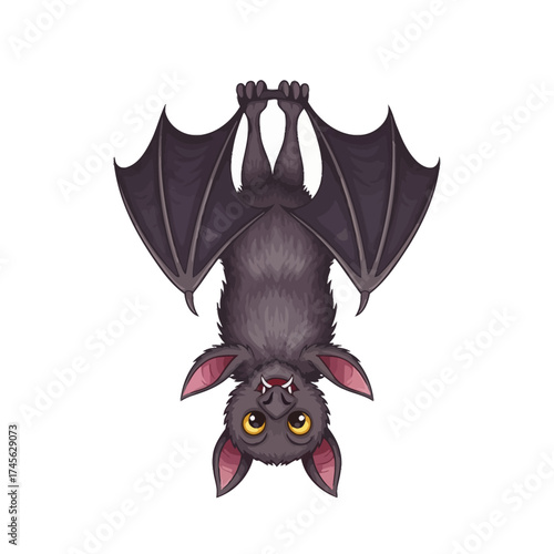 A cute cartoon bat hanging upside down with its wings spread, isolated on a white background.