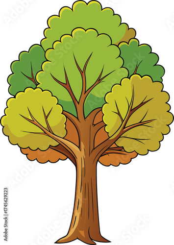 A vibrant cartoon tree with lush green and yellow foliage and a sturdy brown trunk