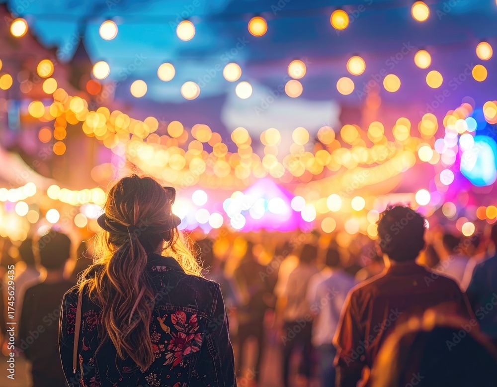 Obraz premium Crowd at evening festival with bokeh lights, girl in floral jacket in focus