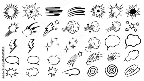 Dynamic collection of hand-drawn comic elements perfect for vibrant designs, adding impact, and creating exciting visual narratives for any project