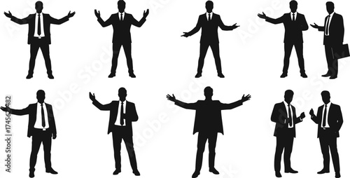 Businessman Silhouettes in Conversational and Presenting Poses – Corporate Communication, Dialogue, Leadership, Strategy, Body Language, Confidence, and Professional Concept