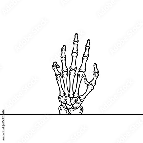 A minimalist black and white line drawing of a human skeleton hand emerging from a horizontal line.