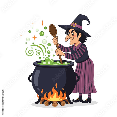 Cartoon witch stirring a bubbling cauldron over a fire.