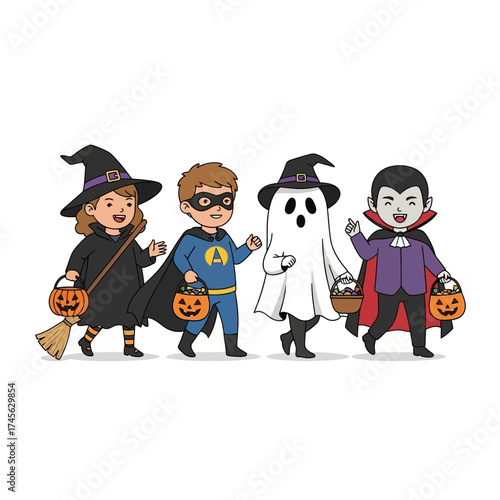 Four children in Halloween costumes trick-or-treating, dressed as a witch, superhero, ghost, and vampire, holding pumpkin buckets.
