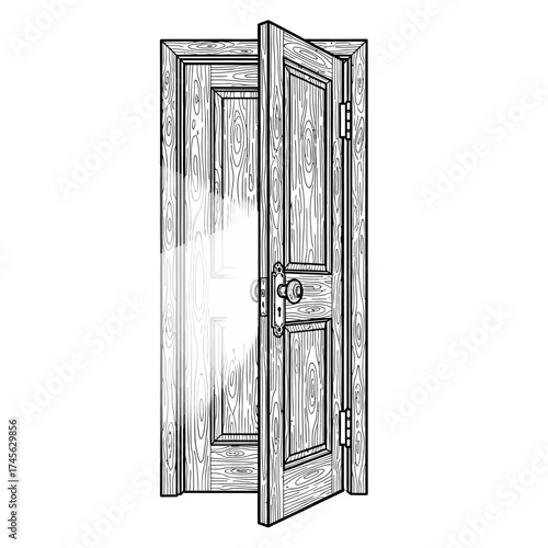 Black and white illustration of a wooden door slightly ajar, revealing another door.