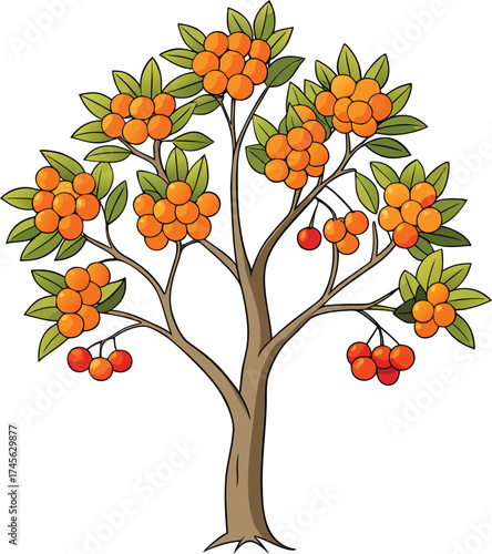 A vibrant illustration of a fruit tree laden with ripe orange fruits and green leaves