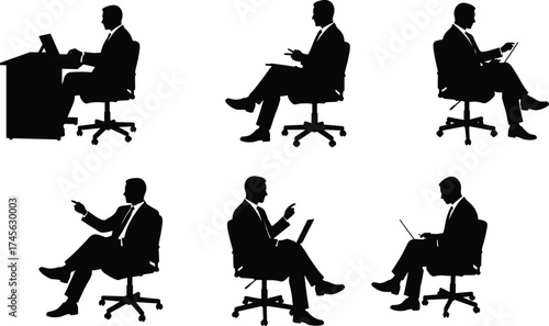 Businessman Silhouettes Sitting in Office Chairs – Laptop, Tablet, Presentation, Remote Work, Corporate Strategy, Professional Posture, and Workplace Concept