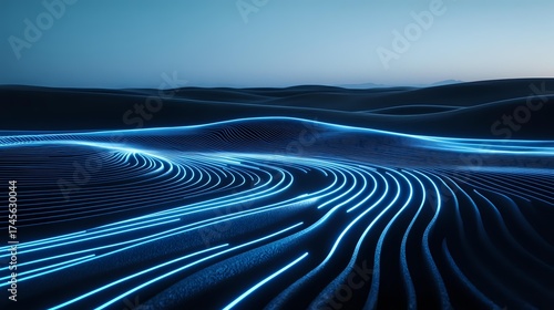 Glowing blue light trails curve across dark desert landscape creating futuristic pattern, abstract technology concept for digital transformation and innovation.