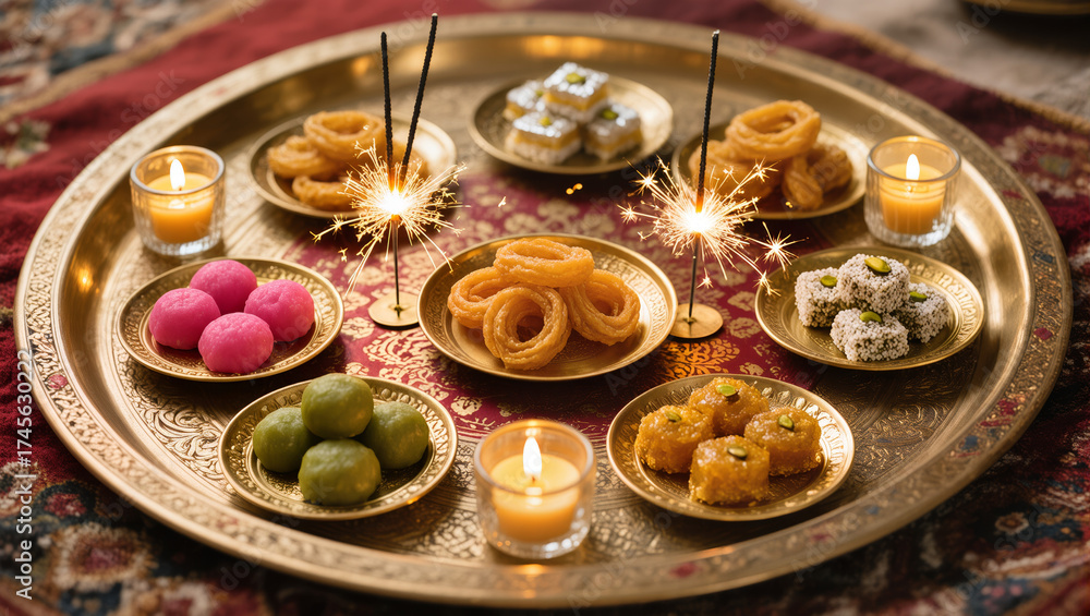 Naklejka premium Diwali Flatlay Advertisement Decorative Tray Sparklers Brass Plates Sweets Decorative Candles Warm Ambient Lighting Cozy Joyful Evening Atmosphere