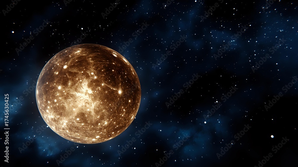 Fototapeta premium Glowing brown planet with detailed surface features against dark space background with bright stars and blue nebula clouds, cosmic astronomy scene.
