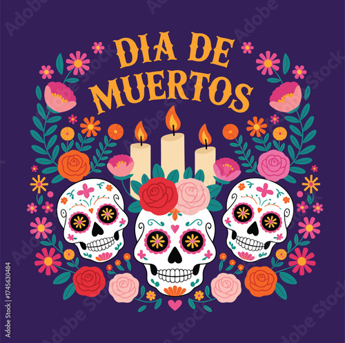 Colorful Dia de Muertos skeleton woman illustration with candles, marigold flowers, sombrero hat, and altar decoration on purple background