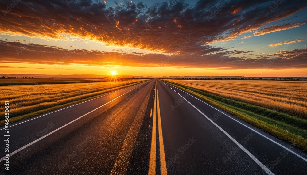 Naklejka premium Highway stretching towards a vibrant, golden sunset. Fields flank the road, clouds ablaze