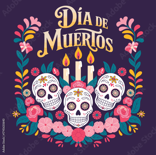 Colorful Dia de Muertos skeleton woman illustration with candles, marigold flowers, sombrero hat, and altar decoration on purple background