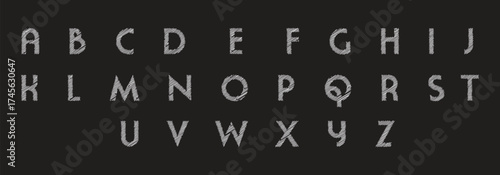 Stylized chalk alphabet on black background. Unique uppercase font with rough textured strokes and creative letter shapes. Ideal for typography, design, and digital art projects.
