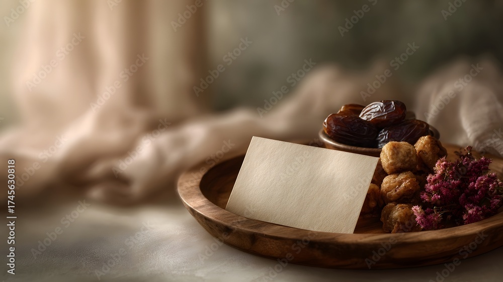 Fototapeta premium A blank card is placed on a wooden plate with dates dried fruits and pink flowers in soft warm light