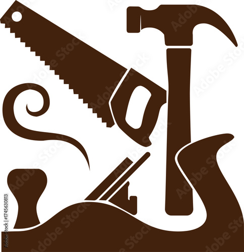 sober and elegant logo for a carpenter.
It highlights emblematic tools: a plane, a saw and a hammer, symbolizing artisanal work and precision.