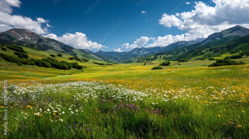 Fototapeta premium Mountain landscape with green meadow and blue sky with clouds on a sunny day.