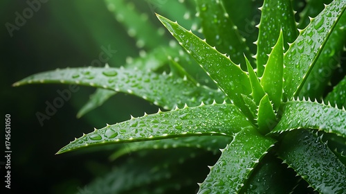 Wallpaper Mural A close-up of an aloe vera plant showcasing its thick, spiky leaves adorned with droplets of water, reflecting a lush green environment. Torontodigital.ca