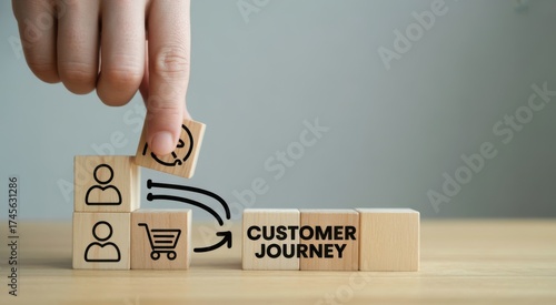 Customer Journey Mapping: A hand carefully places a block with a smiley face symbol onto a wooden block arrangement, forming the words Customer Journey.