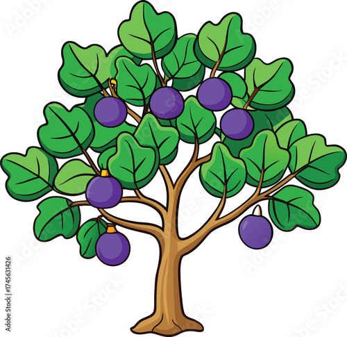 Cartoon illustration of a healthy plum tree laden with ripe purple fruit and green leaves