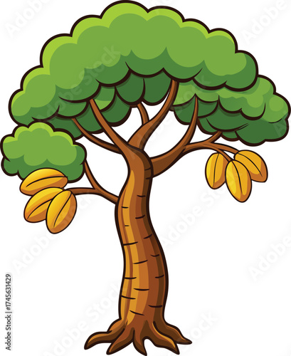 Cartoon illustration of a healthy cocoa tree bearing ripe pods on its branches