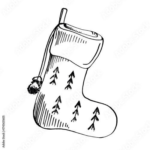 Vector illustration of a Christmas knitted sock for gifts. The festive stocking with pom-poms is hand-drawn with ink and pen. For New Year's card design, invitations, winter projects, textiles