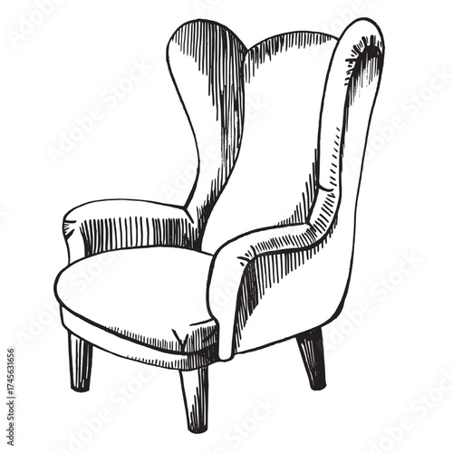 Hand-drawn armchair vector illustration. Vintage wingback chair sketch in retro style. Comfortable furniture design element for interior, home decor, living room, or antique design project.