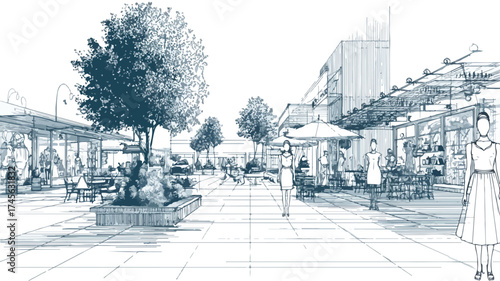 Outdoor Shopping Schematic Drawing for Magazine Illustration