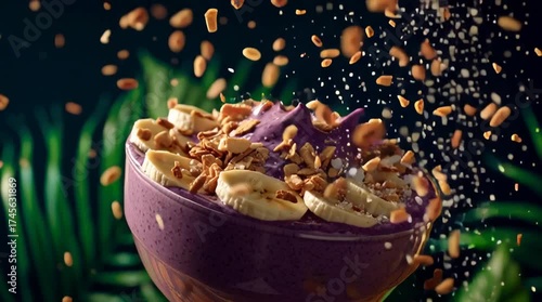 Gourmet acai bowl flying through the air with vibrant toppings and tropical leaves all around
