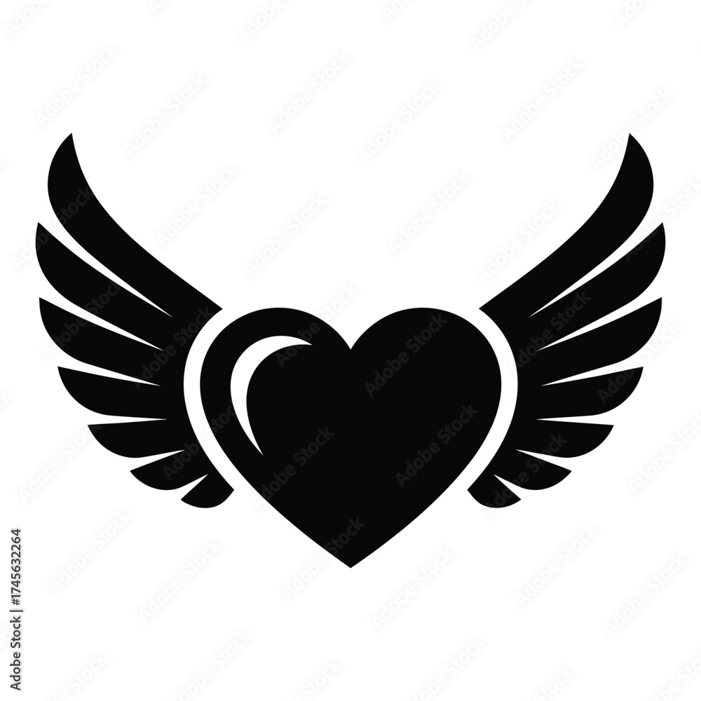 Fototapeta premium Black silhouette of a heart with outstretched wings on a white background love symbol