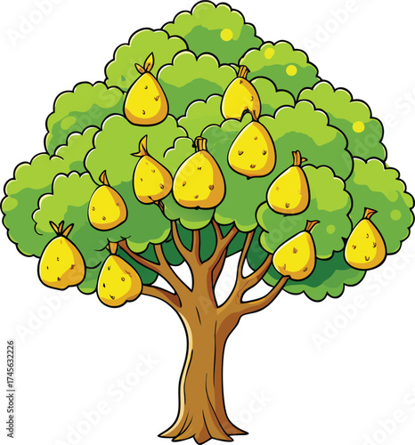 Cartoon illustration of a vibrant green tree laden with ripe yellow pears