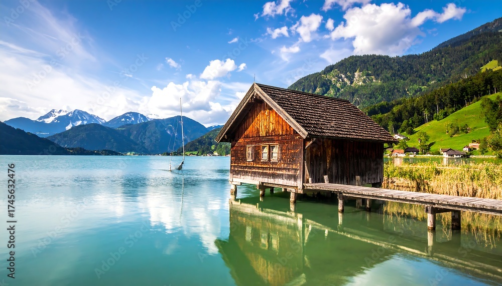 Naklejka premium Tranquil scene of wooden boathouse over a serene lake