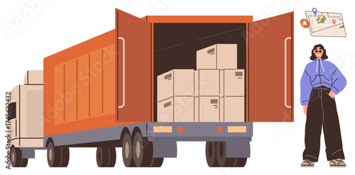 Truck loaded with boxes in open cargo area, woman monitoring logistics, location map. Ideal for delivery, shipment, transportation, warehouse, freight supply chain e-commerce. Simple flat metaphor