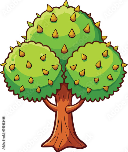Cartoon illustration of a vibrant green tree with spiky leaves and a sturdy brown trunk