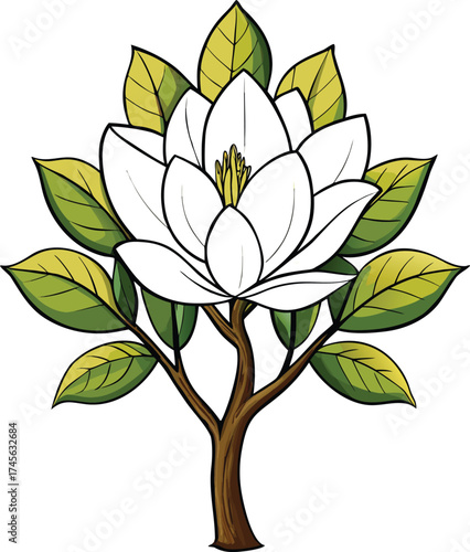 Elegant white magnolia blossom adorned with lush green leaves on a branch