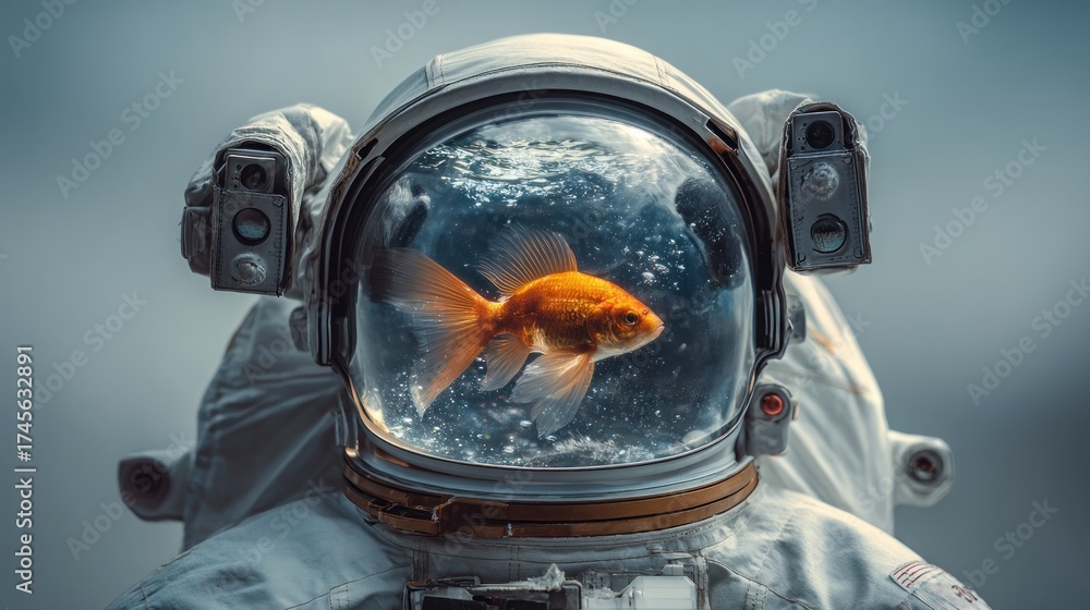 Fototapeta premium Astronaut helmet with goldfish conceptual science fiction imagery