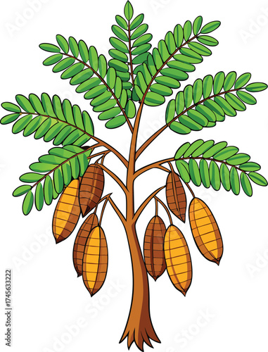Illustration of a young cocoa tree with ripening pods hanging from its branches