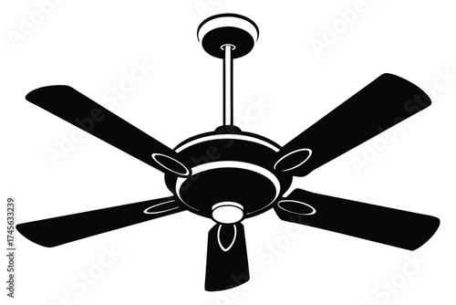 Black Silhouette of a FiveBlade Ceiling Fan with Circular Details and Central Light Fixture