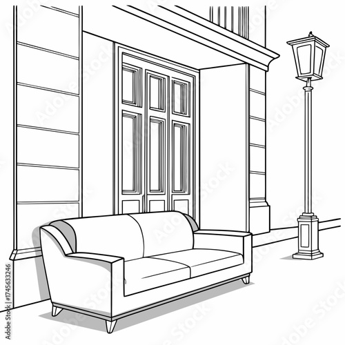 A minimalist line drawing of a classic sofa placed outside a building entrance with a street lamp nearby