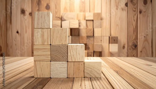 Wooden blocks forming steps on a wooden surface, against a wall of more blocks